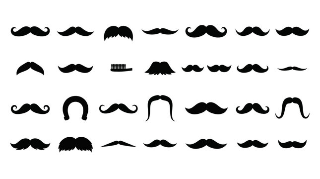 Collection of black mustache silhouettes and facial hair styles on white