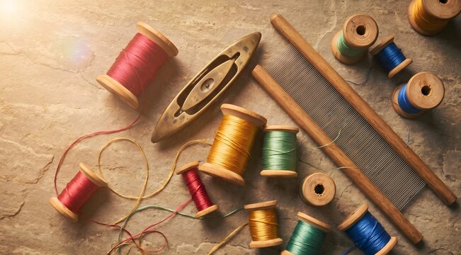 Artistic flat lay of a collection of antique wooden silk bobbins and thread spools arranged on a textured stone surface. Silk thread in rich colors &mdash; crimson, gold, jade green, cobalt.