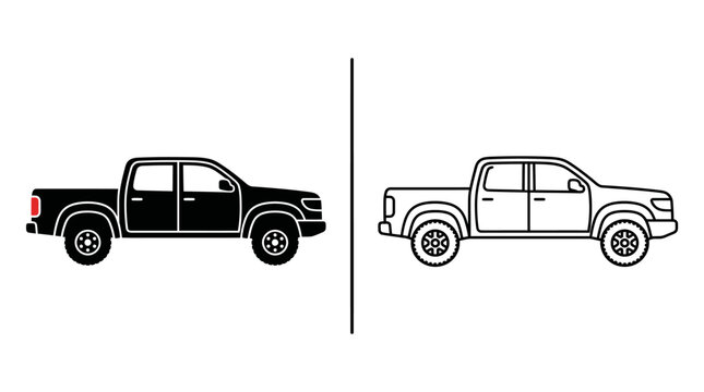 Modern Pickup Truck Vector Icon Set with Silhouette and Outline Version