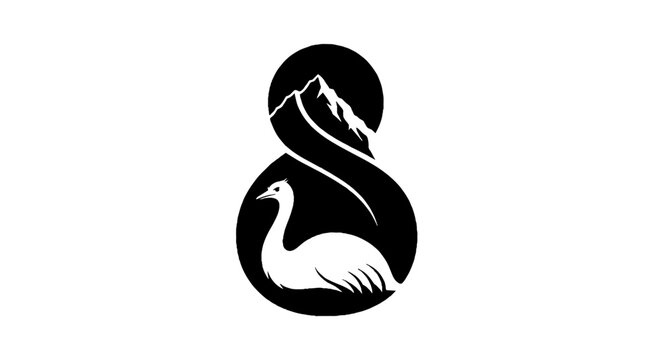Elegant swan silhouette with mountain reflection design.