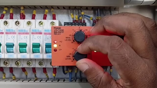 Technician hands adjusting the minimum level dial knob on a phase voltage balance relay inside industrial automation control panel

