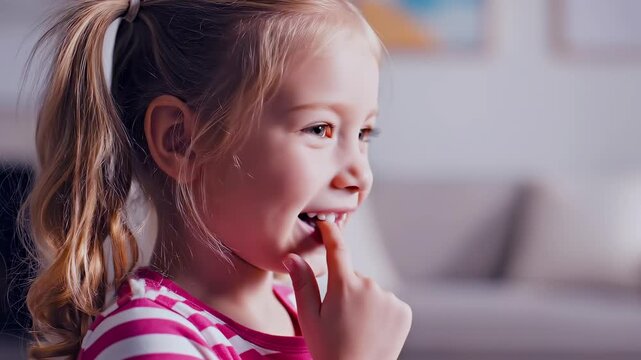 Girl testing loose tooth with finger close-up, side profile as kid gently presses gap and smiles widely, showing excitement, growth milestone, and playful childhood moment at home