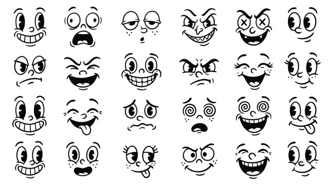 A diverse collection of expressive vintage cartoon faces illustrating various emotions and moods