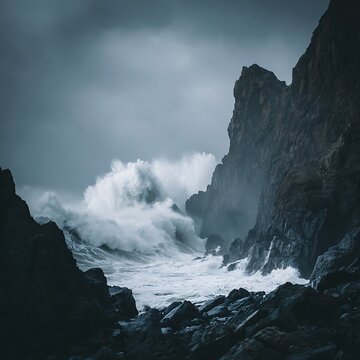 Powerful ocean waves crashing against dark jagged cliffs under a moody stormy sky