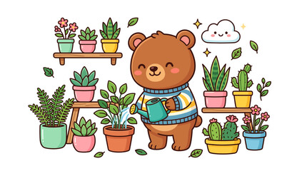 Cute Bear Watering Plants © jas