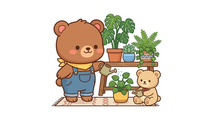 Cute bears watering houseplants, gardening, illustration © jas