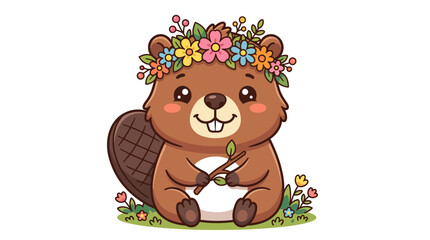 Fototapeta premium Cute Beaver Wearing Flower Crown, Holding Twig