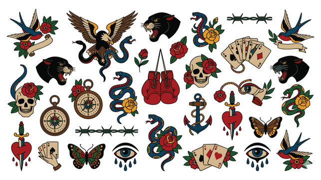 Old school traditional tattoo flash set with snakes eagles skulls and nautical elements.
