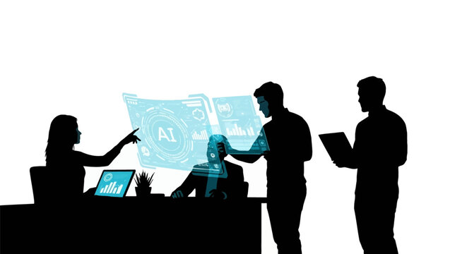 Silhouette of a professional business team collaborating around glowing blue holographic artificial intelligence HUD interfaces, data charts, and digital analytics on white background.