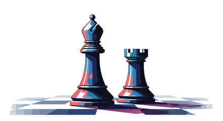 Two large chess pieces including a bishop and a rook are shown on a checkered board with dramatic lighting. © Mim