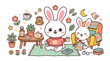 Fototapeta premium Cute Bunnies Cozy Home Scene Illustration