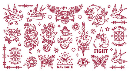 Traditional vintage tattoo flash sheet with symbols and floral elements line art design. © KALPANA AKTER