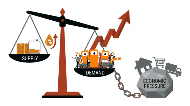 Economic illustration of supply and demand imbalance causing inflation and economic pressure. EPS Editable