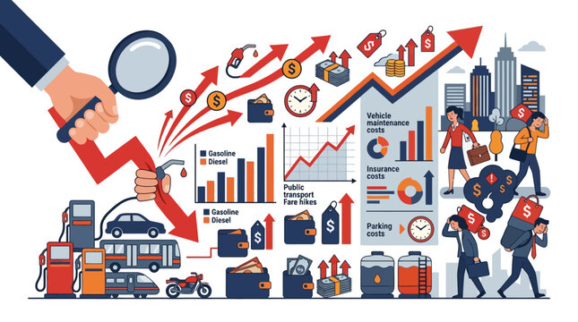 Economic inflation infographic showing rising prices fuel costs and financial burden on people. EPS Editable