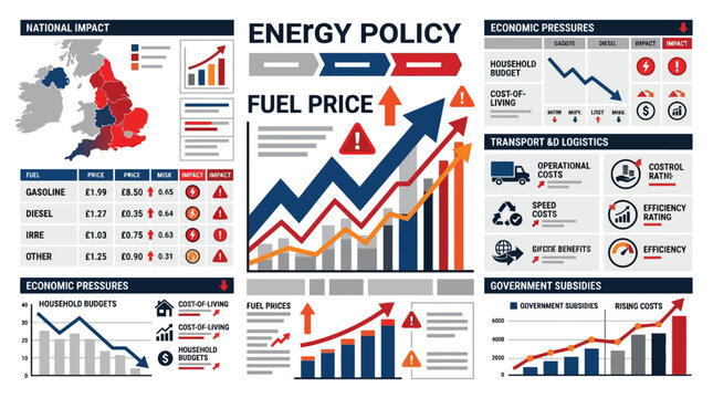 Energy policy and fuel price economic infographic dashboard with charts and UK map. EPS Editable