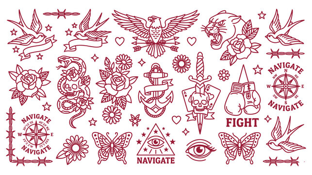 Traditional vintage tattoo flash sheet with symbols and floral elements line art design.