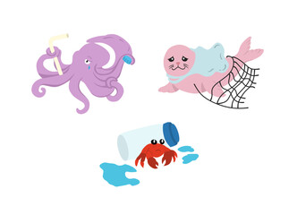 Fototapeta premium Illustration set featuring sad cartoon marine animal characters surrounded by ocean trash and plastic waste, highlighting the impact of pollution on marine ecosystems.