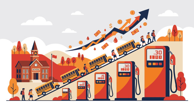 Illustration of rising fuel costs impacting school bus transportation and education budget. EPS Editable