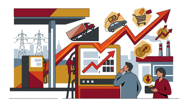Illustration of rising fuel prices and inflation impact on consumer goods and transportation costs. EPS Editable