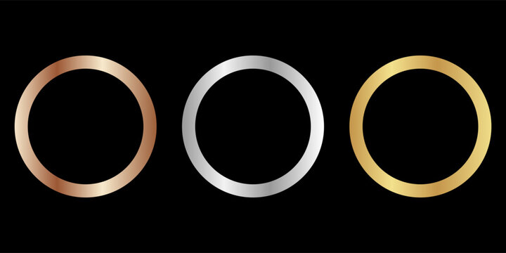 Gold, silver and bronze metal circle frames 3d vector realistic illustration. First, second and third place medals or buttons isolated on white background. Certified. Quality blank, empty badge set.