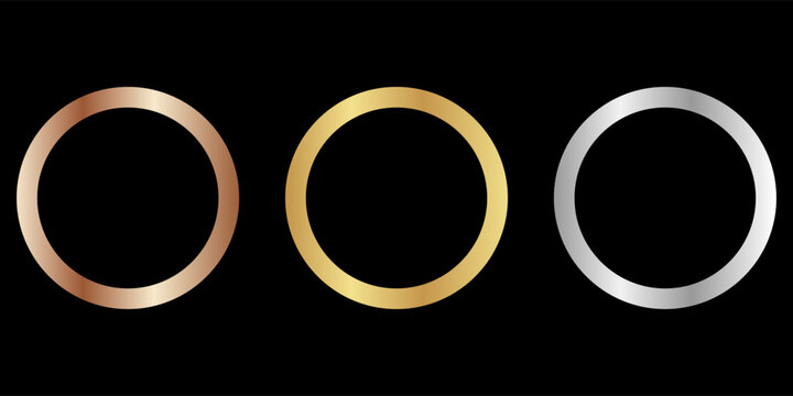 Gold, silver and bronze metal circle frames 3d vector realistic illustration. First, second and third place medals or buttons isolated on white background. Certified. Quality blank, empty badge set.