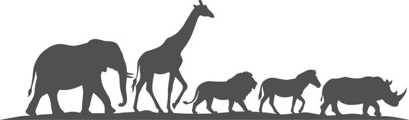 African safari animals silhouette row walking in a line on transparent background © Nabil