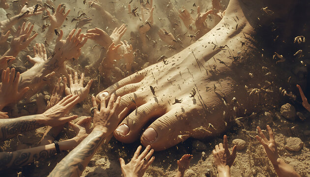 Surreal conceptual scene of a giant foot being swarmed by many human hands and tiny figures in a dusty landscape