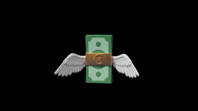 3D Flying Euro Money Stack with Wings Flapping Loop Animation on Black, Blue, and White Backgrounds