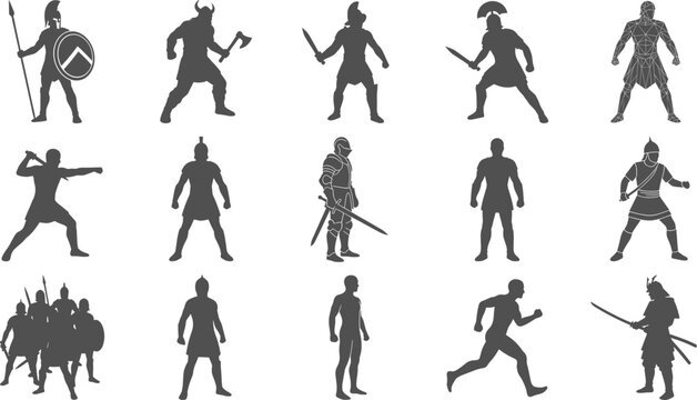 Ancient fighter and warrior silhouettes standing isolated on transparent background