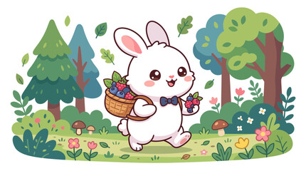 Naklejka premium Cute Bunny Walking in Forest with Berry Basket