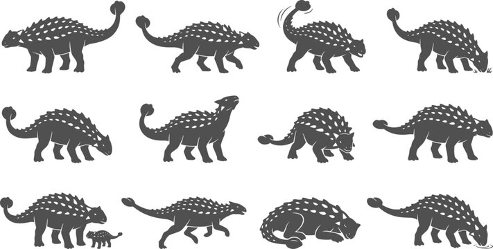 Ankylosaurus dinosaur silhouettes depicting walking tail swinging and grazing behaviors on solid transparent background