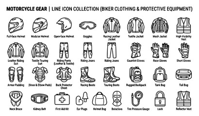 Obraz premium Motorcycle Gear Line Icons Featuring Biker Clothing, Helmets and Protective Riding Equipment Collection