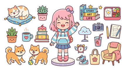 Fototapeta premium Cute Kawaii Girl with Pets, Books, and School Supplies