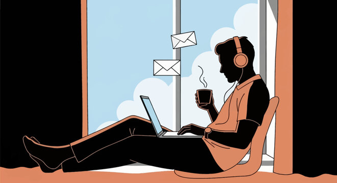 Minimalist flat vector illustration of a male remote employee sitting by a window using a laptop and wearing headphones while holding a hot mug with digital email icons floating.