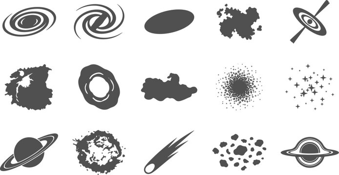 Astronomical space and galaxy silhouettes standing isolated on transparent background