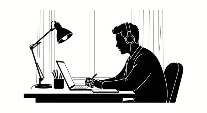 Silhouette of man wearing headphones at desk using laptop and taking notes; minimalist black and white vector illustration with office lamp and window background scenery.
