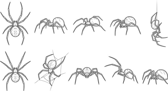 Black widow spider drawings and silhouettes in various poses on transparent background