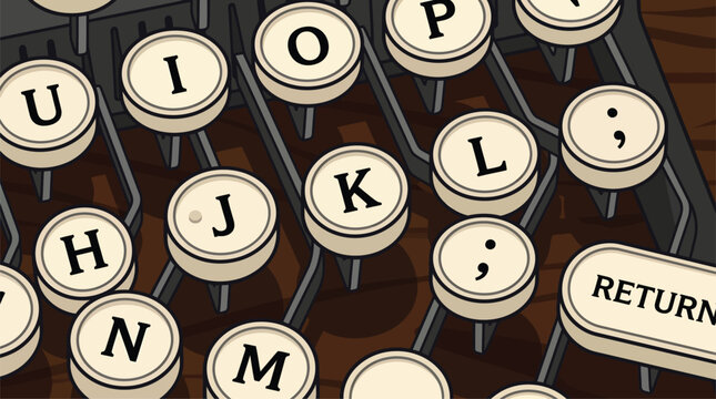 Close up of vintage typewriter keys with letters and return button.