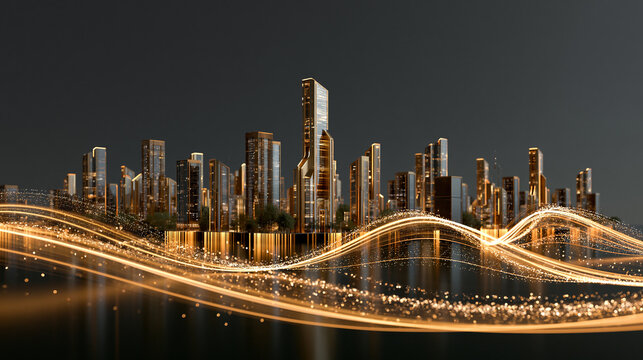 Luxury Urban Skyline with Glowing Golden Data Streams and Towers