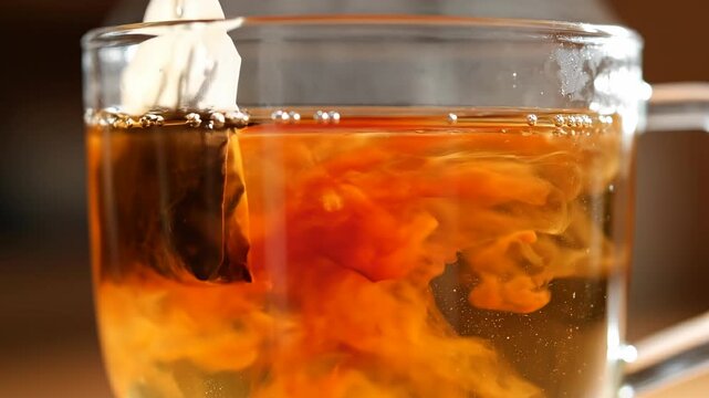 tea bag releasing color in water macro close-up, side tracking shot along glass wall as amber clouds spread outward, highlighting infusion process, warmth, and rich flavor developing in hot drink