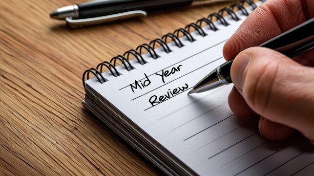 A hand writing mid year review in a spiral notebook on a wooden desk