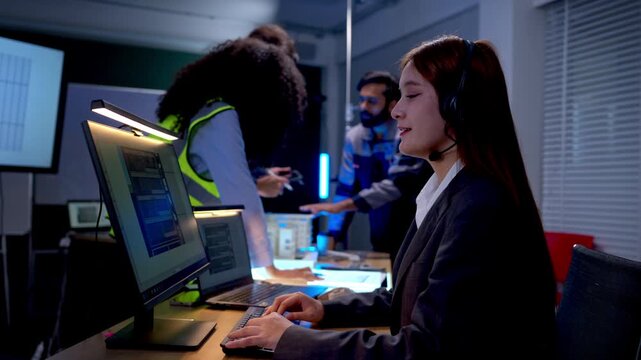 Female customer support specialist working with engineering team and monitoring digital infrastructure systems in modern technology operations office