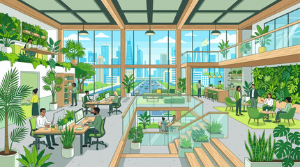 Fototapeta premium This flat design illustration showcases a modern office integrating biophilic elements like lush indoor plants, all set against a stunning city backdrop visible through large windows.