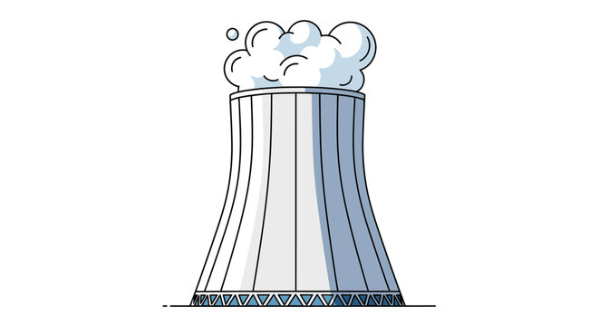 Vector illustration of a nuclear power plant cooling tower emitting steam, representing energy and industrial technology, isolated on a white background.