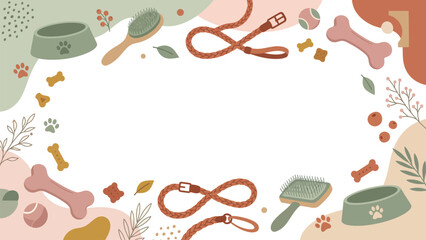 Pet care and playful dog supplies illustrated decorative border. © Kyle