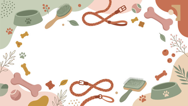Pet care and playful dog supplies illustrated decorative border.