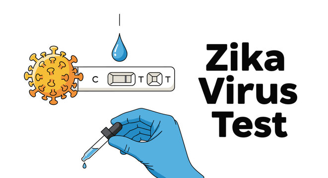 Medical illustration of a Zika virus test, showing a hand in a blue glove using a dropper on a rapid test kit with a virus icon, isolated on a white background.