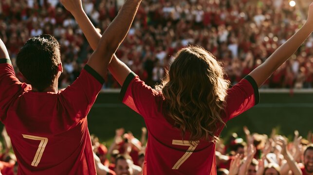 Fans in soccer match with arms raised