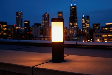 Obraz premium Modern outdoor lamp glows on rooftop with city skyline backdrop at twilight. Fixture provides warm light on terrace, creating urban ambience for city dwellers.