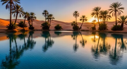 Fototapeta premium Beautiful desert oasis with palm trees reflecting in water at sunset
